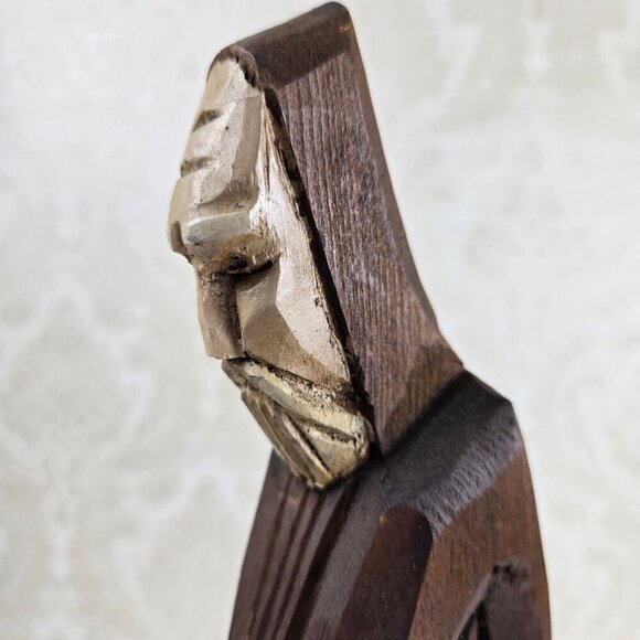 Hand Carved Wooden Monk Statue Two Tone Detailed Free Standing Sturdy Base VTG - Picture 7 of 11
